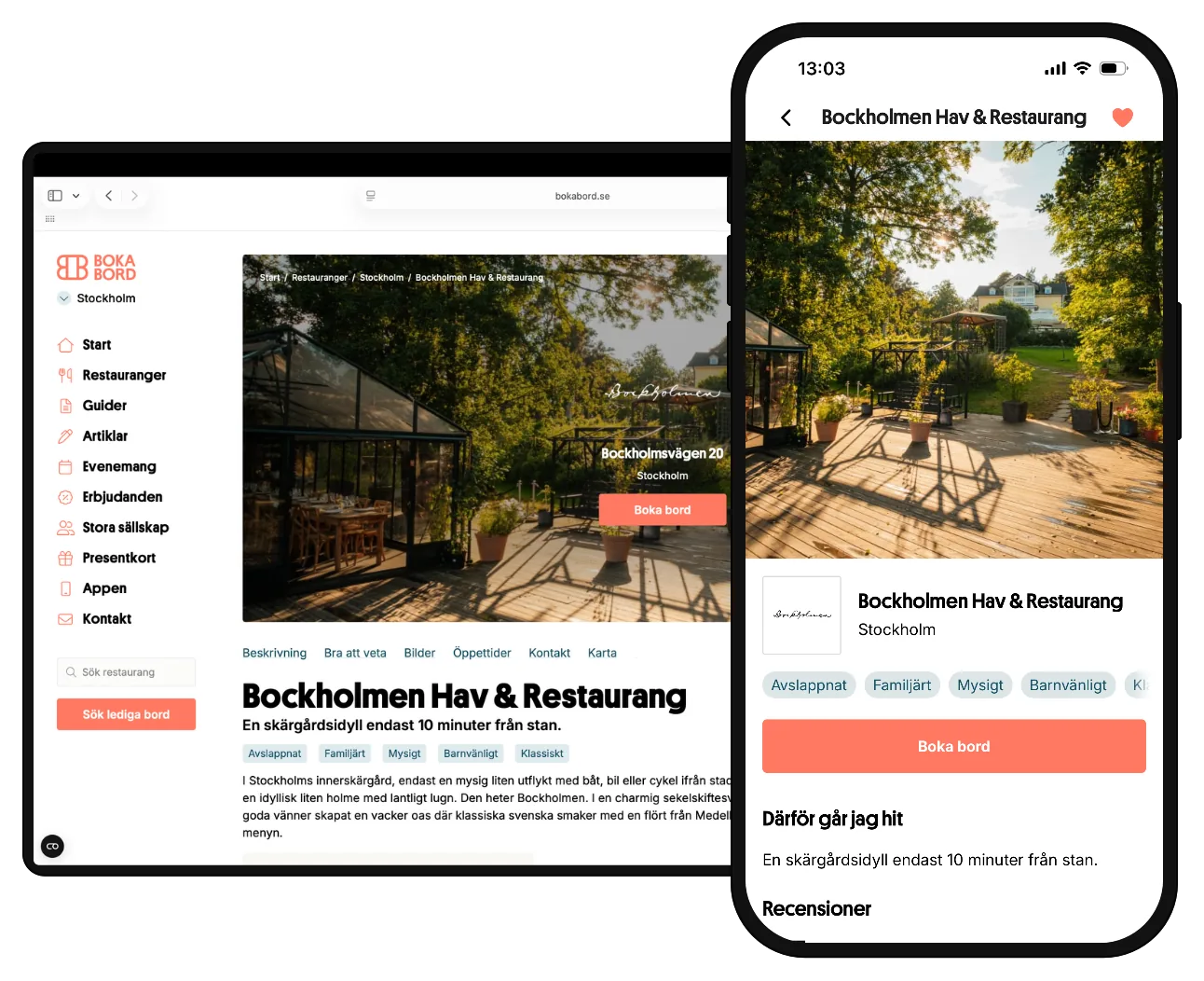 Restaurant profile on bokabord.se on desktop and mobile