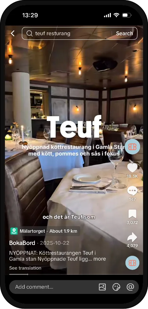 BokaBord social media content shown on mobile