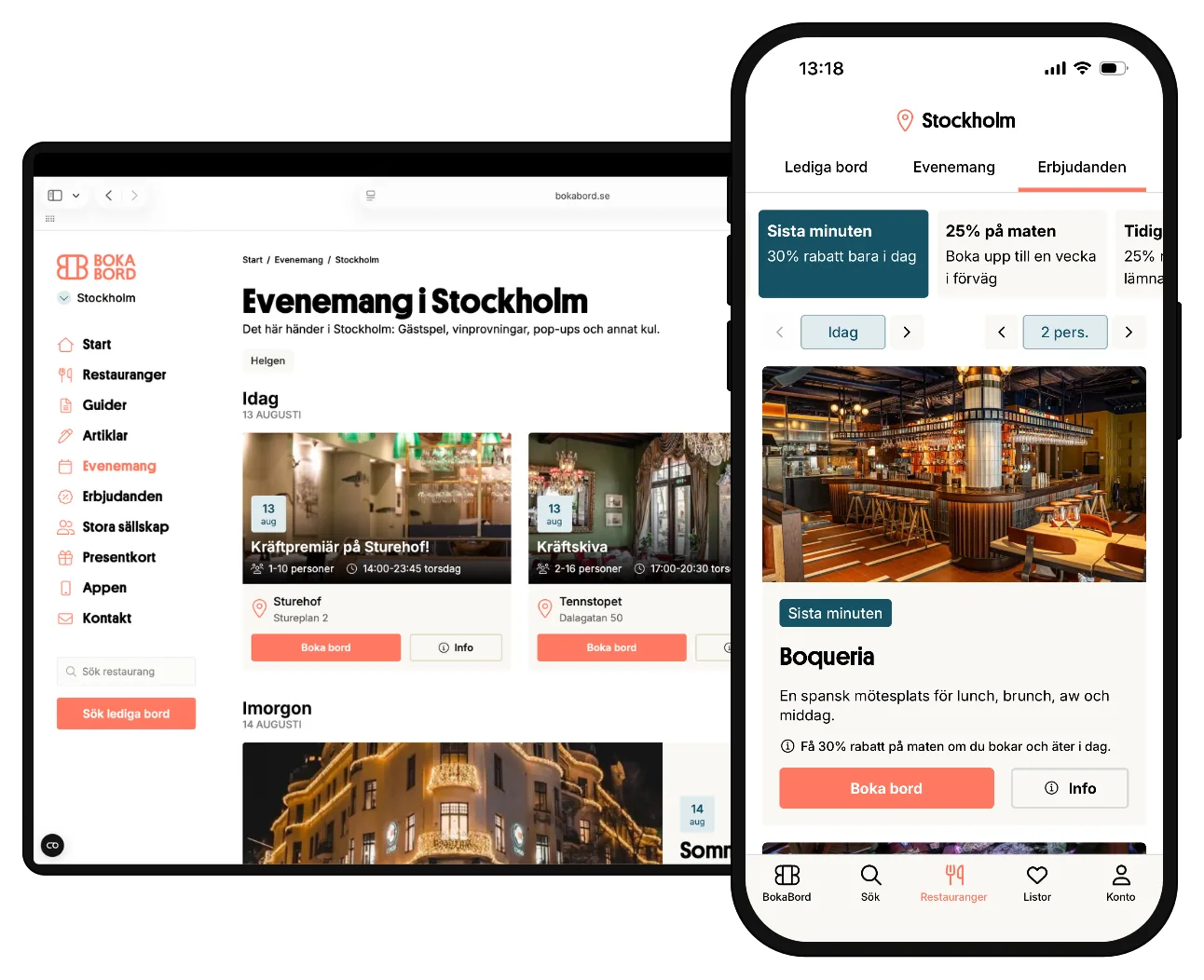 Events and offers on bokabord.se on desktop and mobile