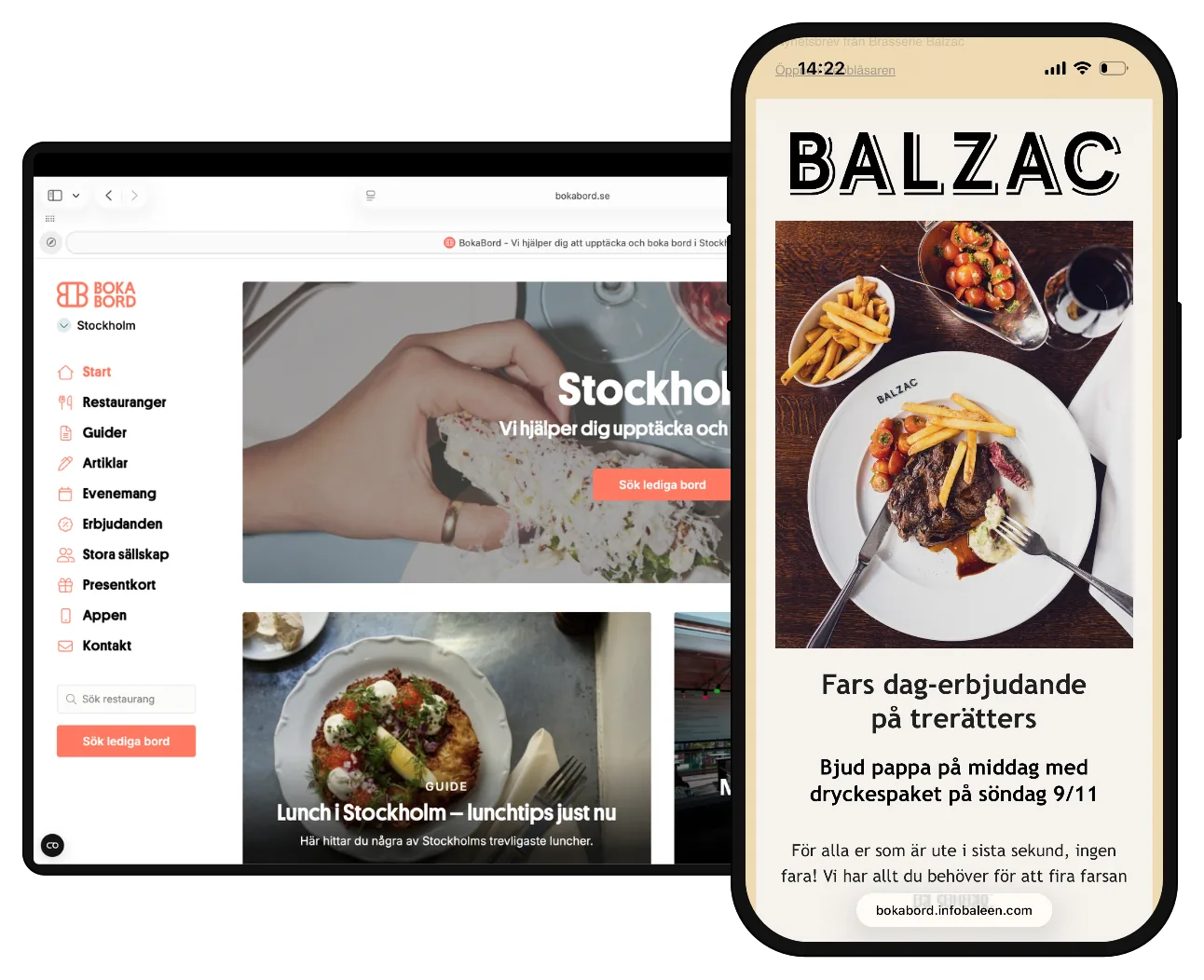 bokabord.se in a browser and a restaurant newsletter on mobile