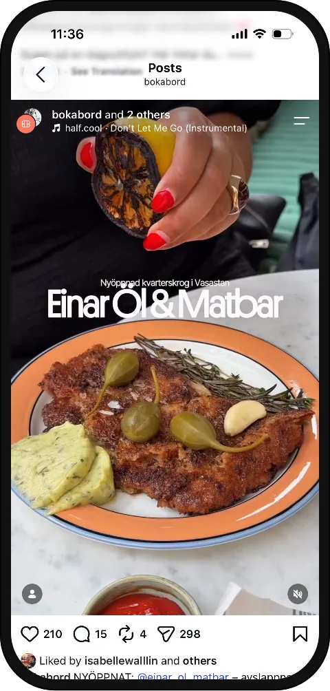 A BokaBord Instagram post shown on a mobile phone