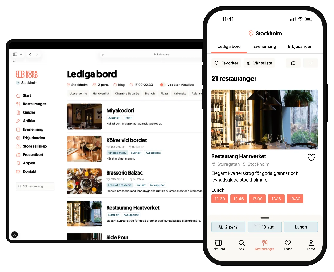 Available tables on bokabord.se on desktop and mobile